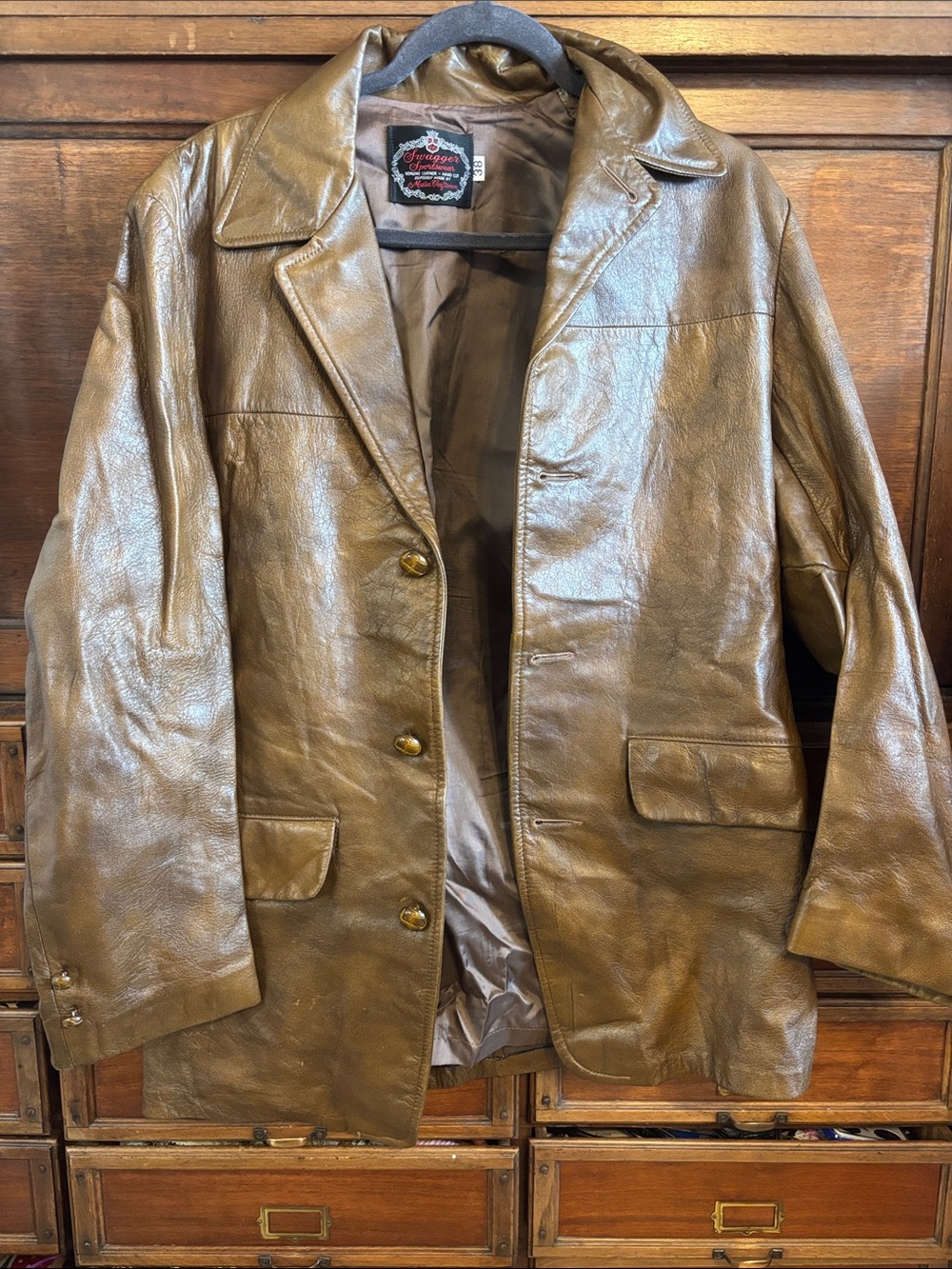 Men's Brown Leather Coat - Classic Button Front Jacket